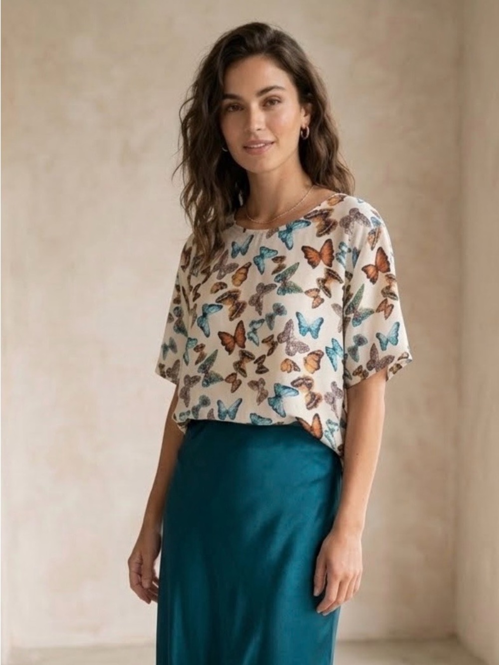 Anna And Frank Whimsical Silk Butterfly Print Lightweight Drape Top Size PM